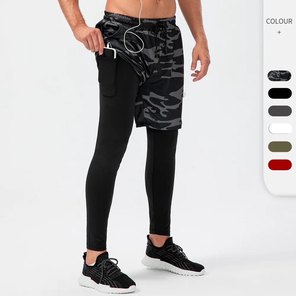 Men's camouflage sports pants fake two-piece double-layer multi pocket high elasticity quick drying sweat wicking fitness pants