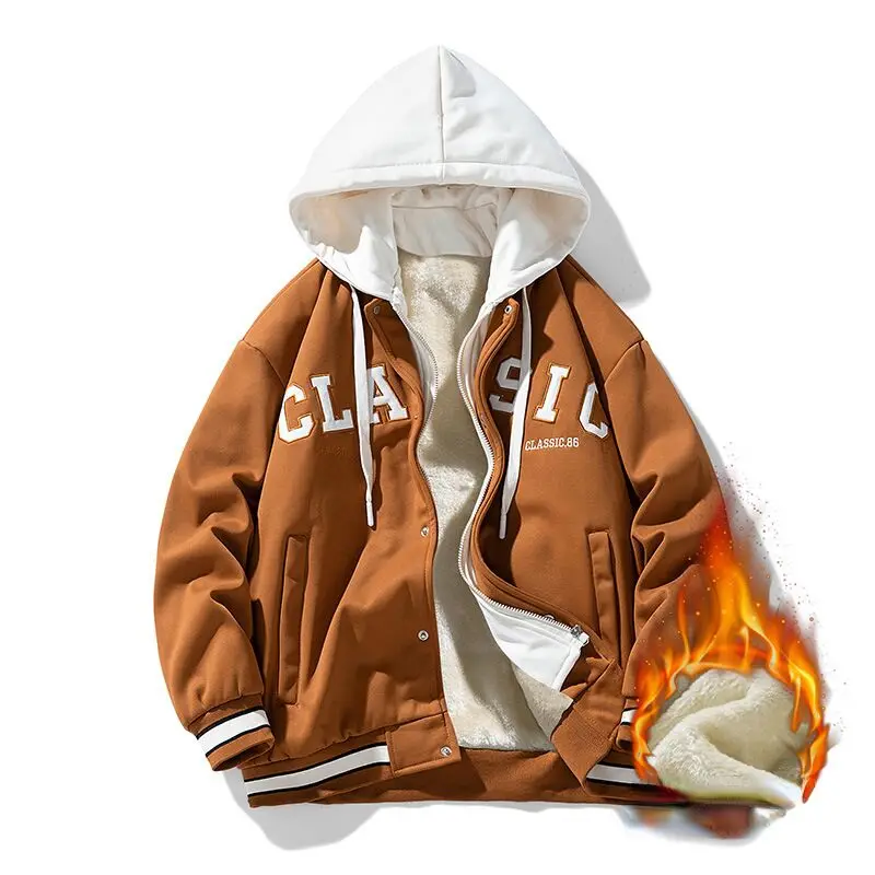 Embroidery Trendy Sweatshirt Coat Thick Warm Zipper Lamb Wool Jacket Men and Woman Winter Plush Lined Hip Hop Cardigan Hoodie