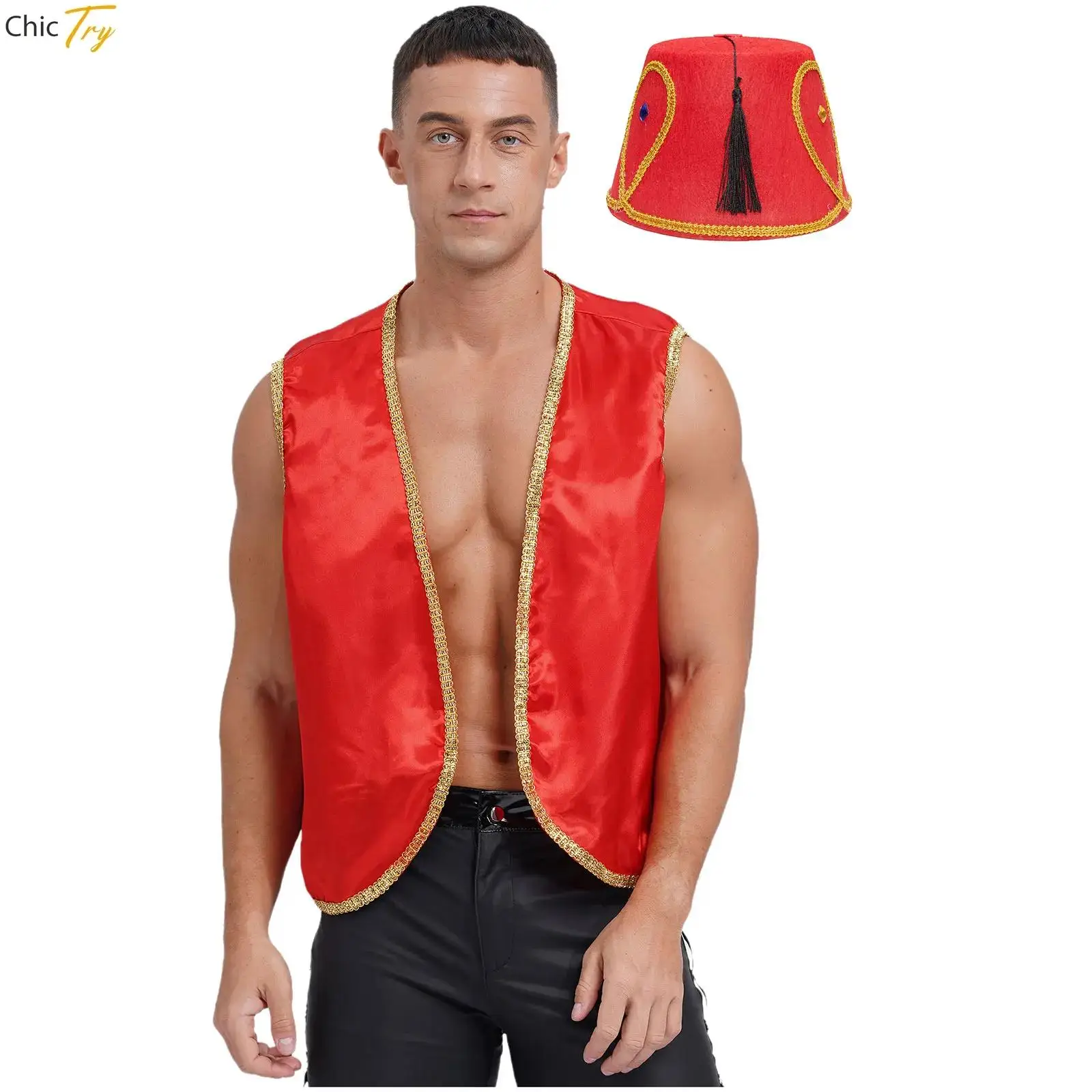 

Мужской костюм для косплея на Хэллоуин арабский принц Золотая отделка открытая передняя атласная жилетка и экзотическая Золотая отделка бахрома Нетканая шляпа костюм