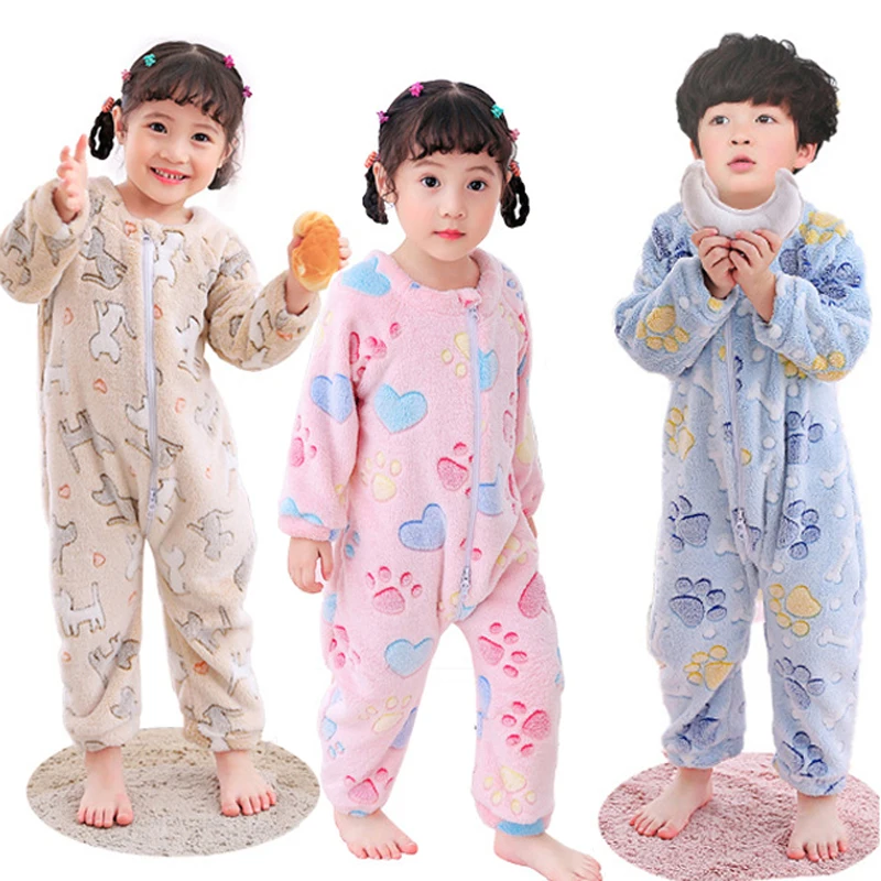 Kids Pajamas Baby Children Jumpsuits Sleeping Wear Toddler Kids Flannel Romper Long Sleeve Autumn Winter Cute Printed Clothing 2 to 4 Years