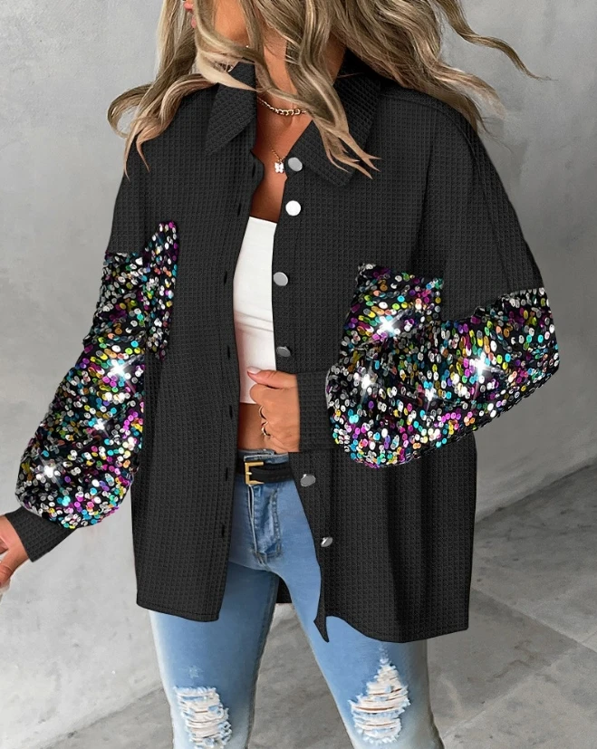 Casual Jackets for Women 2023 Autumn Fashion Turn-Down Collar Contrast Sequin Pocket Design Long Sleeve Daily Long Shacket sequin design men jacket sequined stand collar men s baseball uniform style jacket for club stage streetwear for night for men