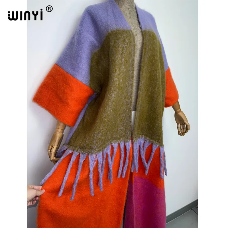 WINYI-강한 비주얼 대비 컬러 술 럭셔리 롱 모피 코트 여성용, 루즈핏 오버코트, 두꺼운, 따뜻한, 겨울