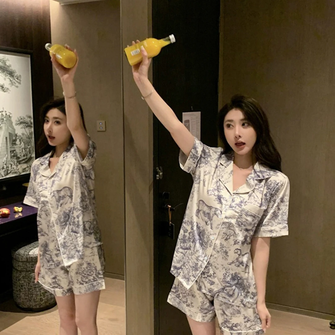 China Style Ink and Wash Landscape Painting Pajamas Women New Summer Cool Female Sleepwear Classic Elegant Short Housewear women pajamas set women pajama suit cotton pajamas set