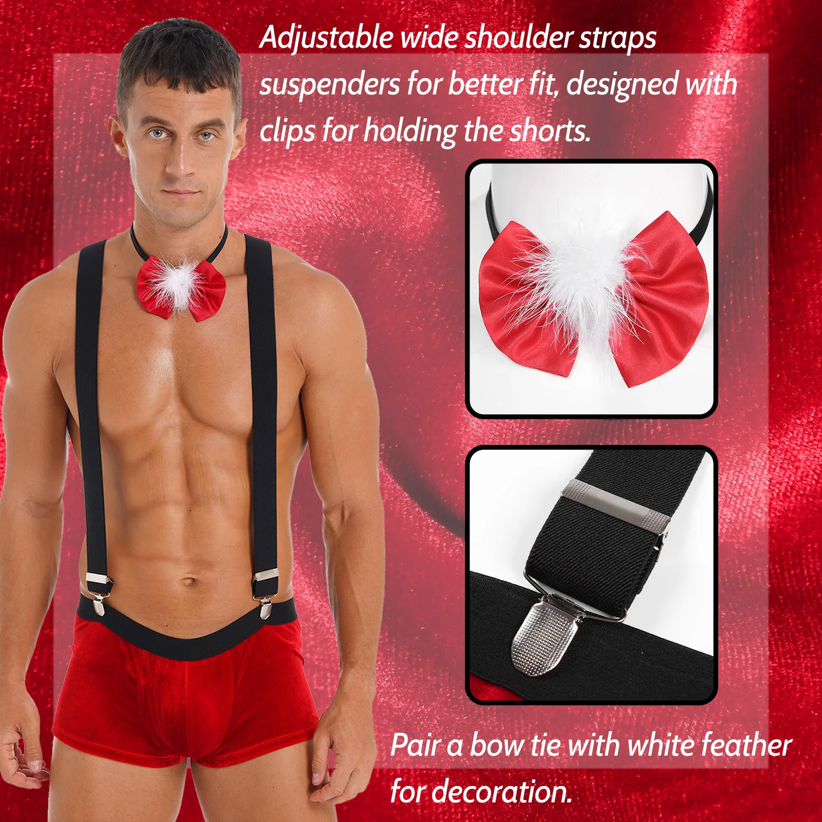 Mens Christmas Lingerie Set Sexy Nightwear Low Rise Bulge Pouch Velvet Boxer Shorts with Suspenders Bow Tie Rave Party Clubwear