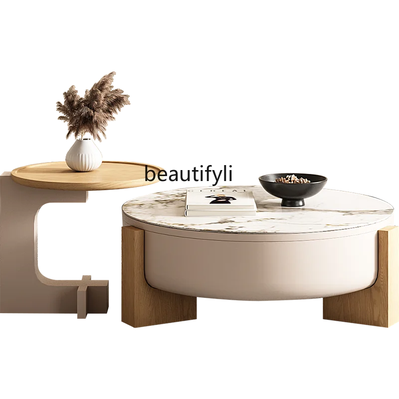 

zq round Stone Plate Coffee Table Living Room Home Small Apartment Height with Storage Rotatable Coffee Table Combination