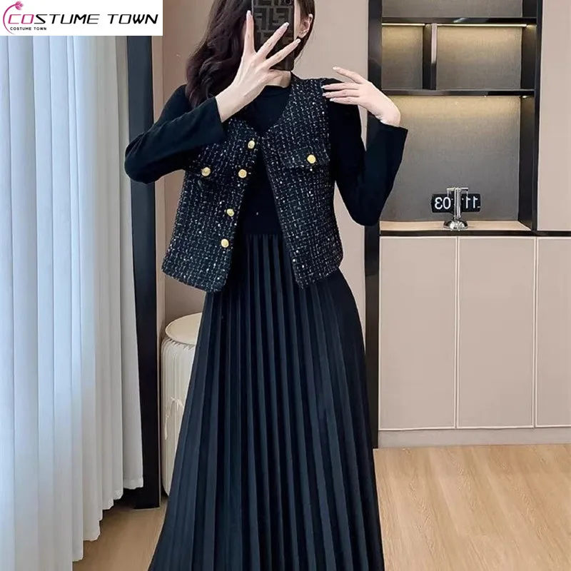 Fashionable Women's Set 2023 Spring and Autumn New Small Fragrance Tank Top Temperament High Grade Pleated Long Dress Two Piece