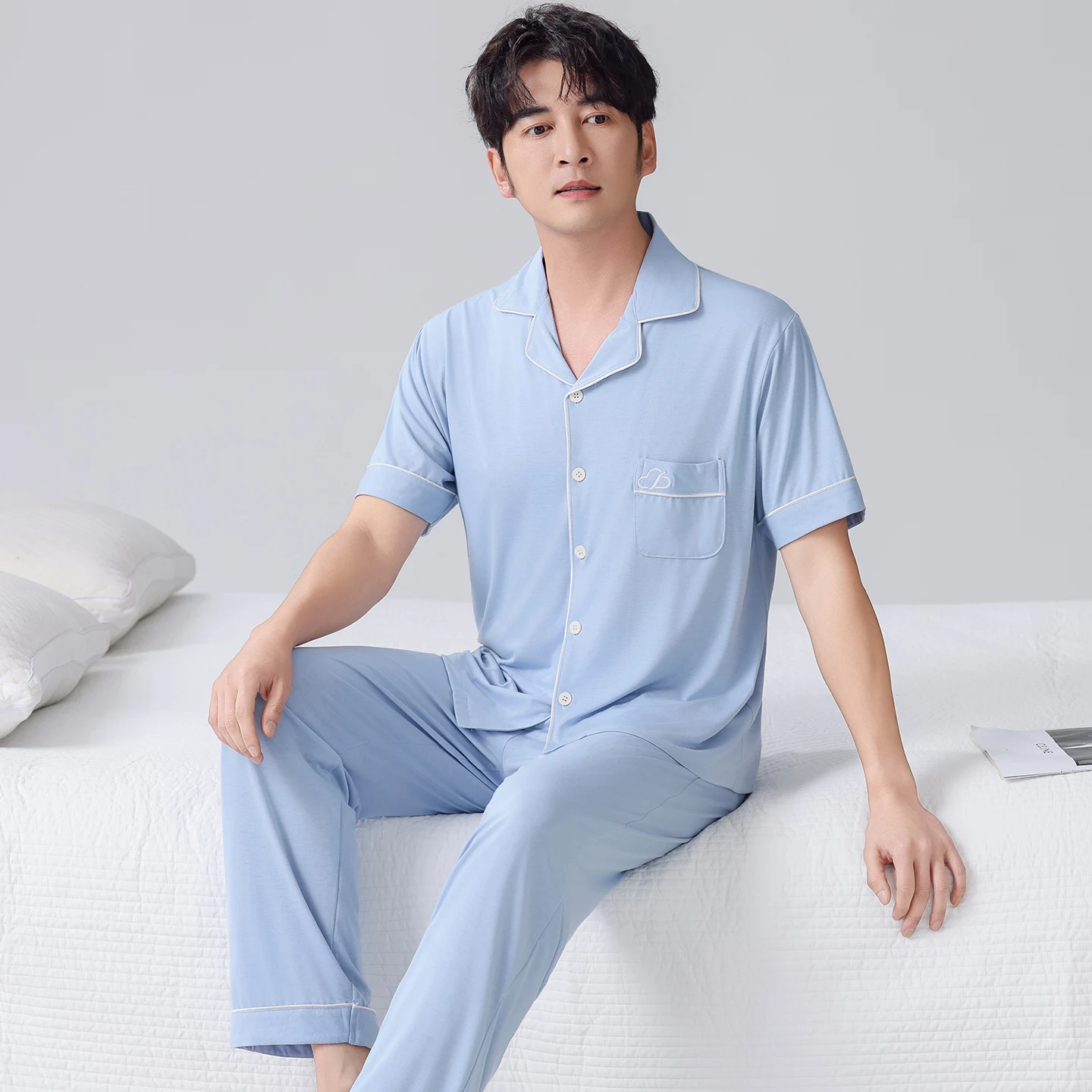 남성 카디건 파자마 세트 여름용 부드러운 모달 파자마 남성 홈웨어 반팔 상의 + 긴 바지 2종 세트 잠옷