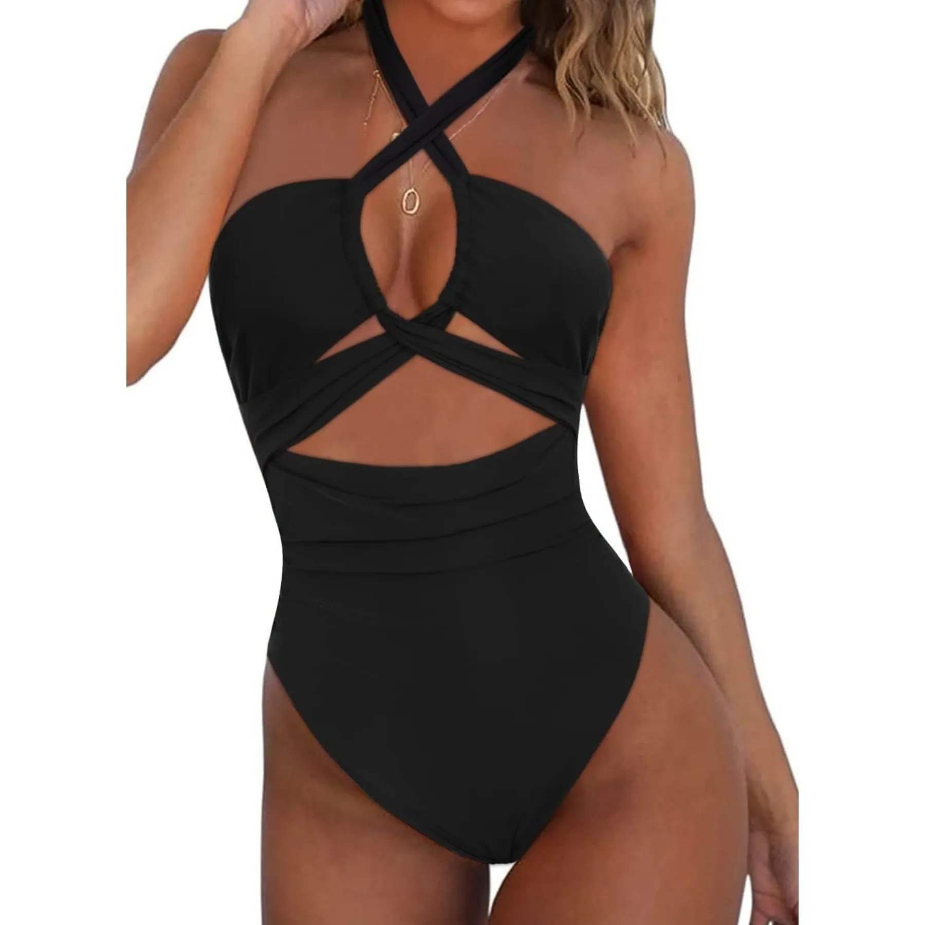 

Cut Out One Piece Swimsuit Women Swimwear Solid Ruched Push Up Bathing Suit Women's Swimwear Beachwear Monokini Swimsuit 2024