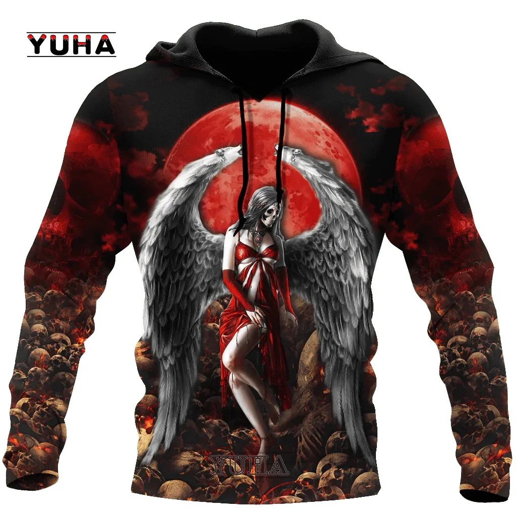 thumbnail image 1 of Sudadera con capucha y sudadera con estampado 3D de tatuaje de calavera roja oscura para hombre, sudadera unisex de primavera y otoño, ropa deportiva informal, 1 of 5
