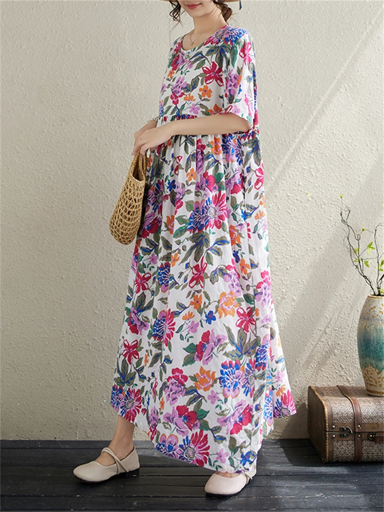 2025 Summer Cotton Vintage Casual Loose Print Dresses For Women Holiday Beach Dress Femme Robe Vestidos Elegant Long Clothing