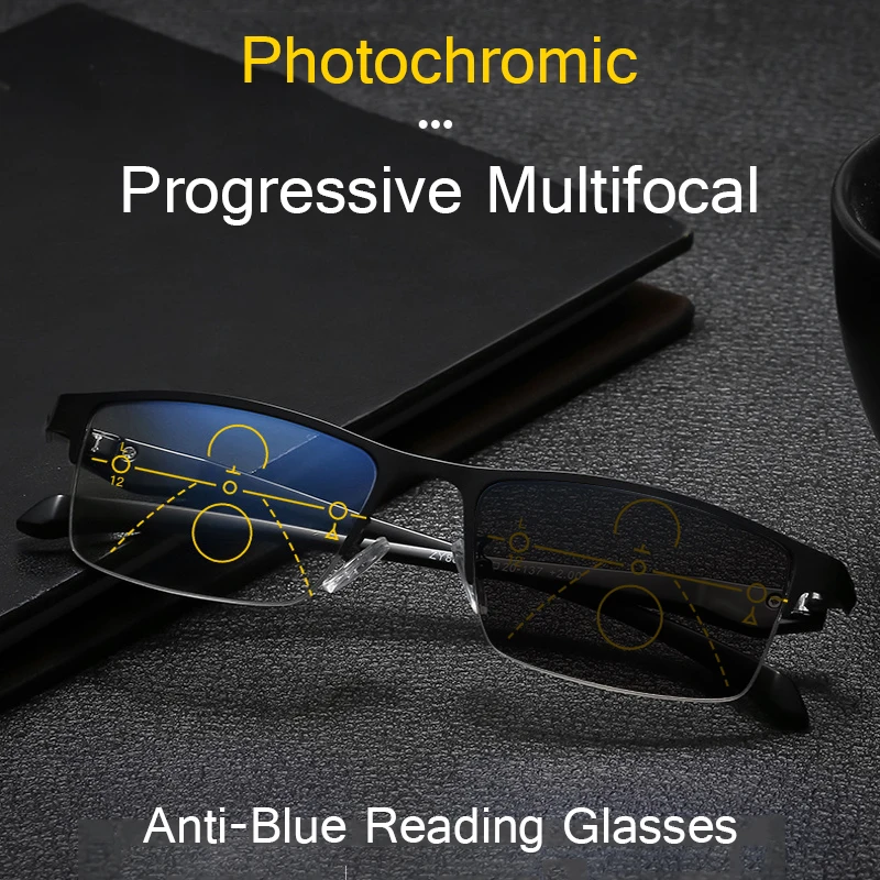 

Фотохромные многофокальные очки для чтения с полуободковой оправой мужские с защитой от сисветильник прогрессивные деловые очки с диоптриями + 1,0 + 4,0 черные