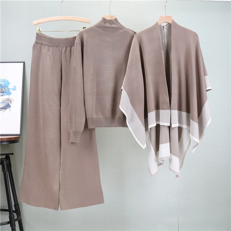 Comfortable 3-piece sports suit set, long cardigan coat, long-sleeve blouse, pants, knitted suits, comfortable clothing, autumn clothing,
