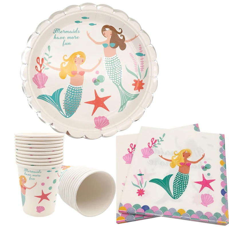 Mermaid Pattern Paper Cups & Plates Napkins Disposable Cutlery Kids Happy Birthday Party Baby