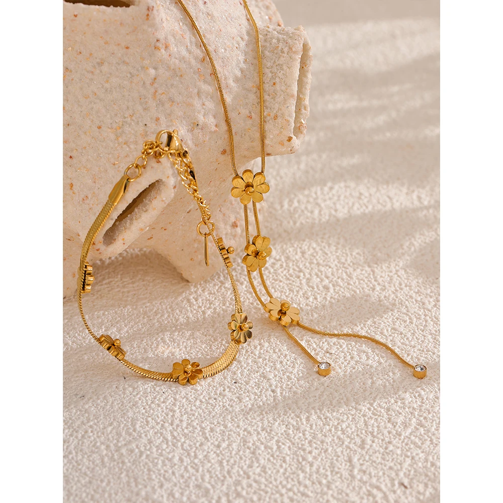 Yhpup Fashion Stainless Steel Metal Flower Chain Necklace Bracelet 18K Gold Color PVD Plated Waterproof Charm Jewelry Gift 4