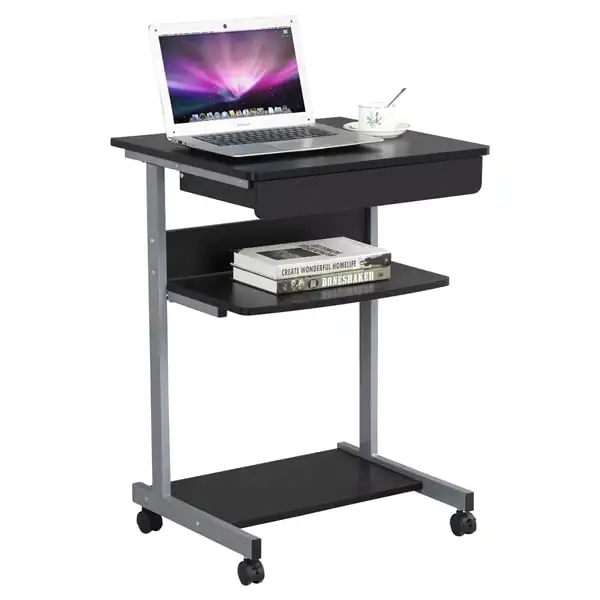 Rolling Computer Desk with 2 Storage Shelves and Drawer, Black integrated melamine board computer desk with drawer black