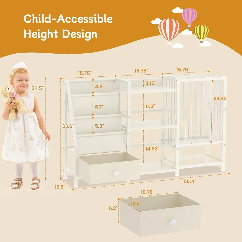 Montessori Kids Bookshelf Toy Storage with Drawers, 3-Tier Sling Shelf for Nursery Playroom