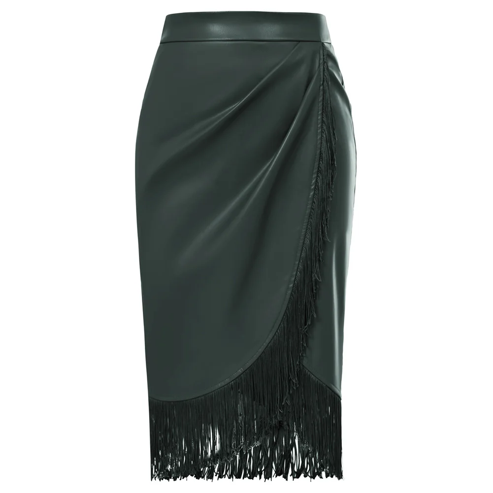 Belle Poque Women's Fringe Bodycon Leather Skirt With Slit Knee Length Pencil Skirt Office Lady Workwear Hight Waist Skirts A30