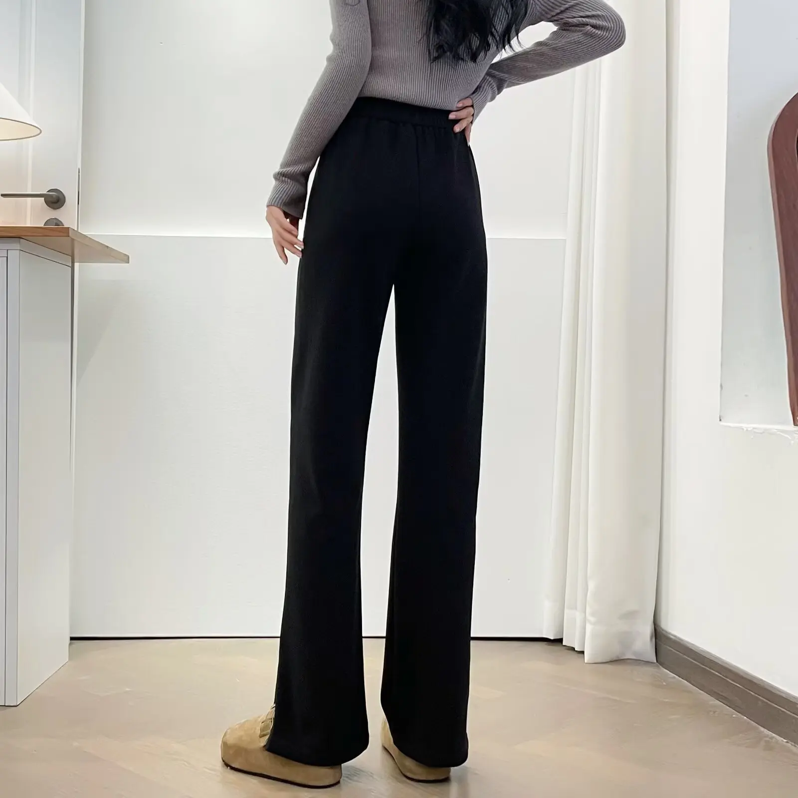 XXXXL Fashion Plus Size Women's Straight Leg Pants New Winter Style Simple And Elegant Fleece Slit Casual Trousers 5136