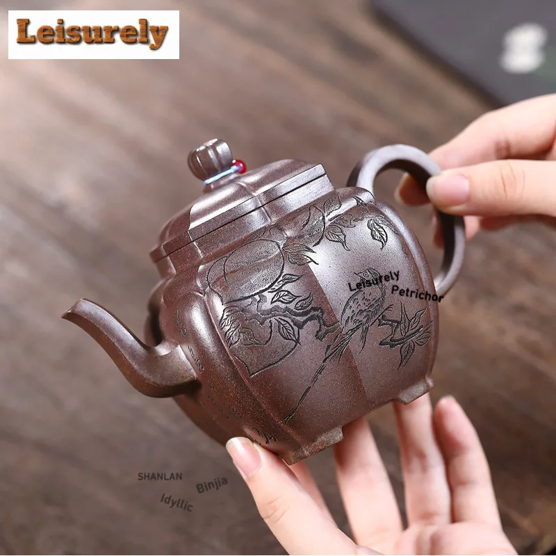 360ml Yixing Purple Clay Teapots Handmade Rib Pot Raw Ore Wood-fired Porcelain Mud Tea Infuser Kettle With Infuser Zisha Tea Set