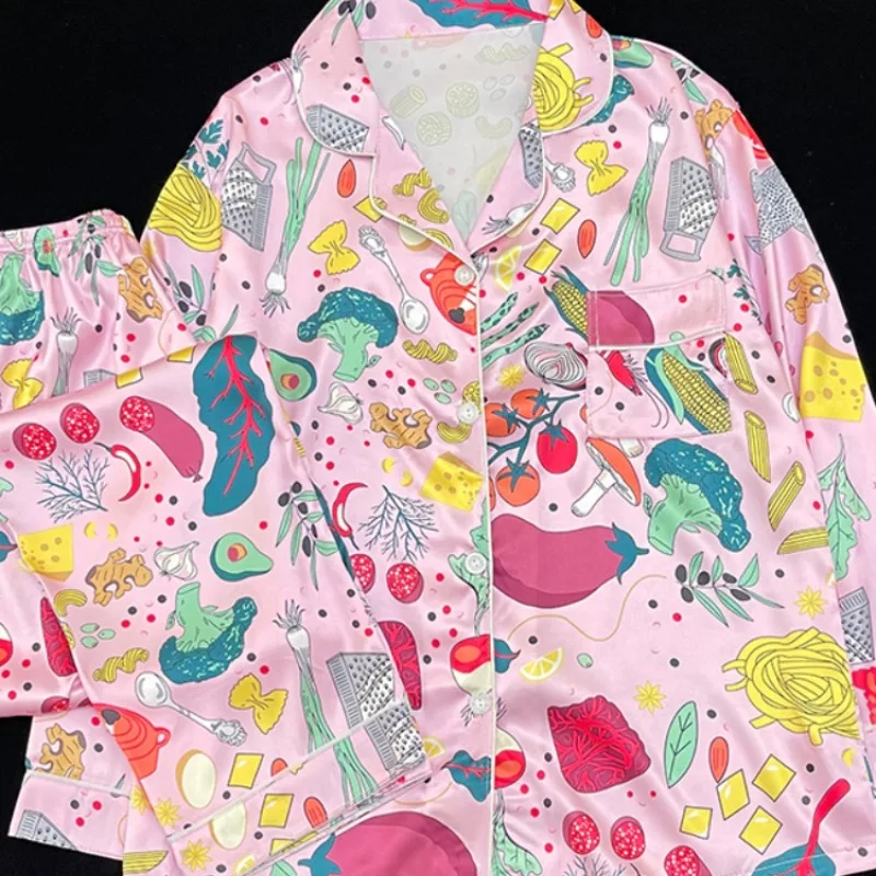 

2023 New Women's Silk Pajamas Long Sleeve Casual Set of Two Pieces Women's Clothing Interesting Food Printing Women Pajama