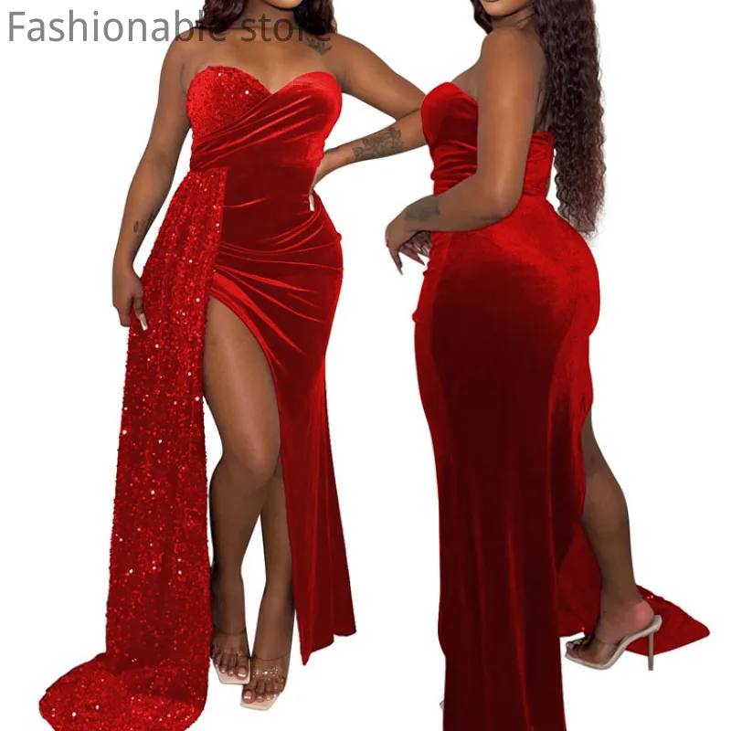 

Strapless Sleeveless Sequined Irregular Party Dress