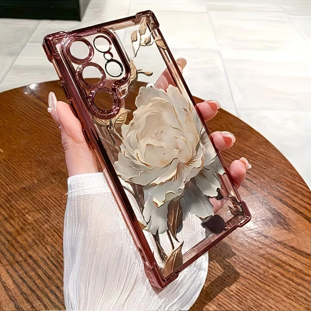 White Rose Plated Four Corner Phone Case with Camera Protection