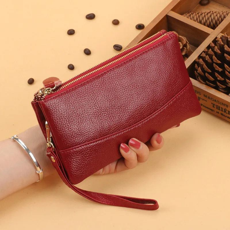 Fashion Women Clutch Wallet PU Leather Double Zipper Money Purse High Capacity Female Mobile Phone Clutch Purse with Wrist Strap