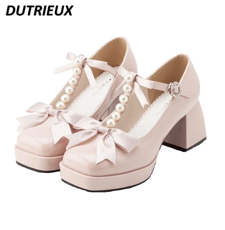 Japanese Style Ins Trendy Sweet Kawaii Bow Pearl T Shape Lolita High Heels Mary Jane Girl Chunky Heel Shoes for Women