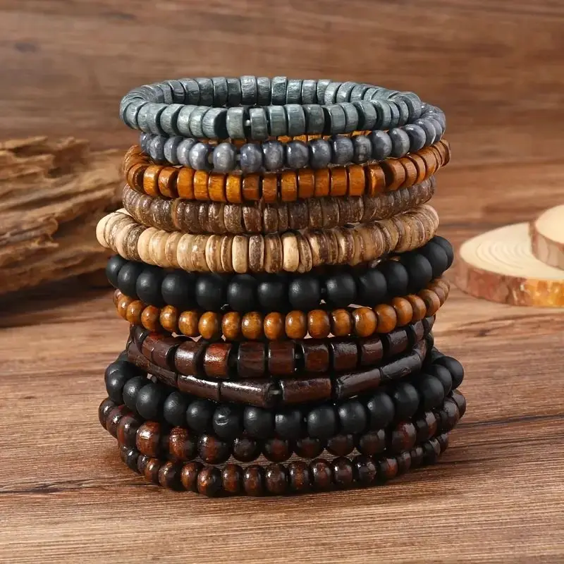 24pcs/set Men's Retro Trendy Multi-layer Bracelet Set, Versatile Elastic Thread Wooden Bead Bracelet 4