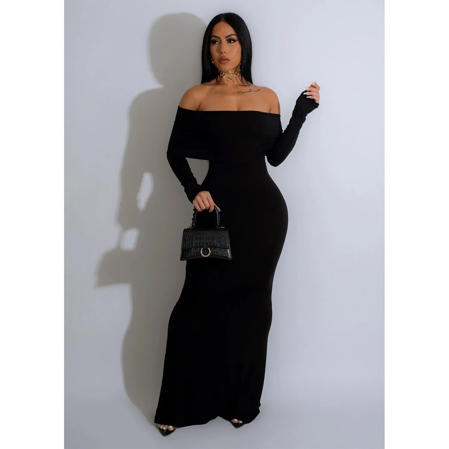 

Cutubly Off The Shoulder Dresses For Women Solid Sexy Backless Long Skims Dress 2023 New Elegant Club Party Lady Vestido Robe