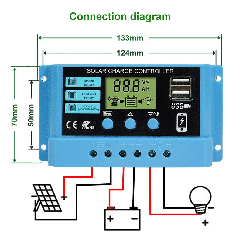 Solar Controller 10A to 60A Adaptive 12V 24V For Lithium Lead-Acid Battery Circuit Lighting PV Plate Charge/Discharge Controller