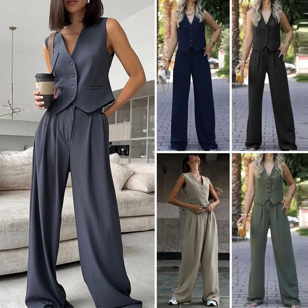 Wide-leg Pants Set Chic Women's V Neck Vest Pants Suit Elegant Single-breasted Sleeveless High Waist Wide Leg Ol for Formal