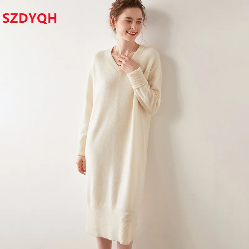 

2023 High-end Winter New 100% Cashmere Sweater Long Dress Women Fashion Knitted Dresses Female Loose Large Size V-Neck Pullover