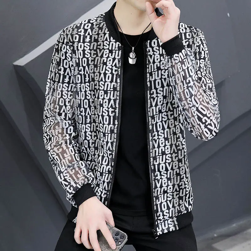 Fashion Stand Collar Zipper Printed Hollow Out Jackets Mens Clothing 2024 Spring Summer New Loose Korean Tops Casual Coats