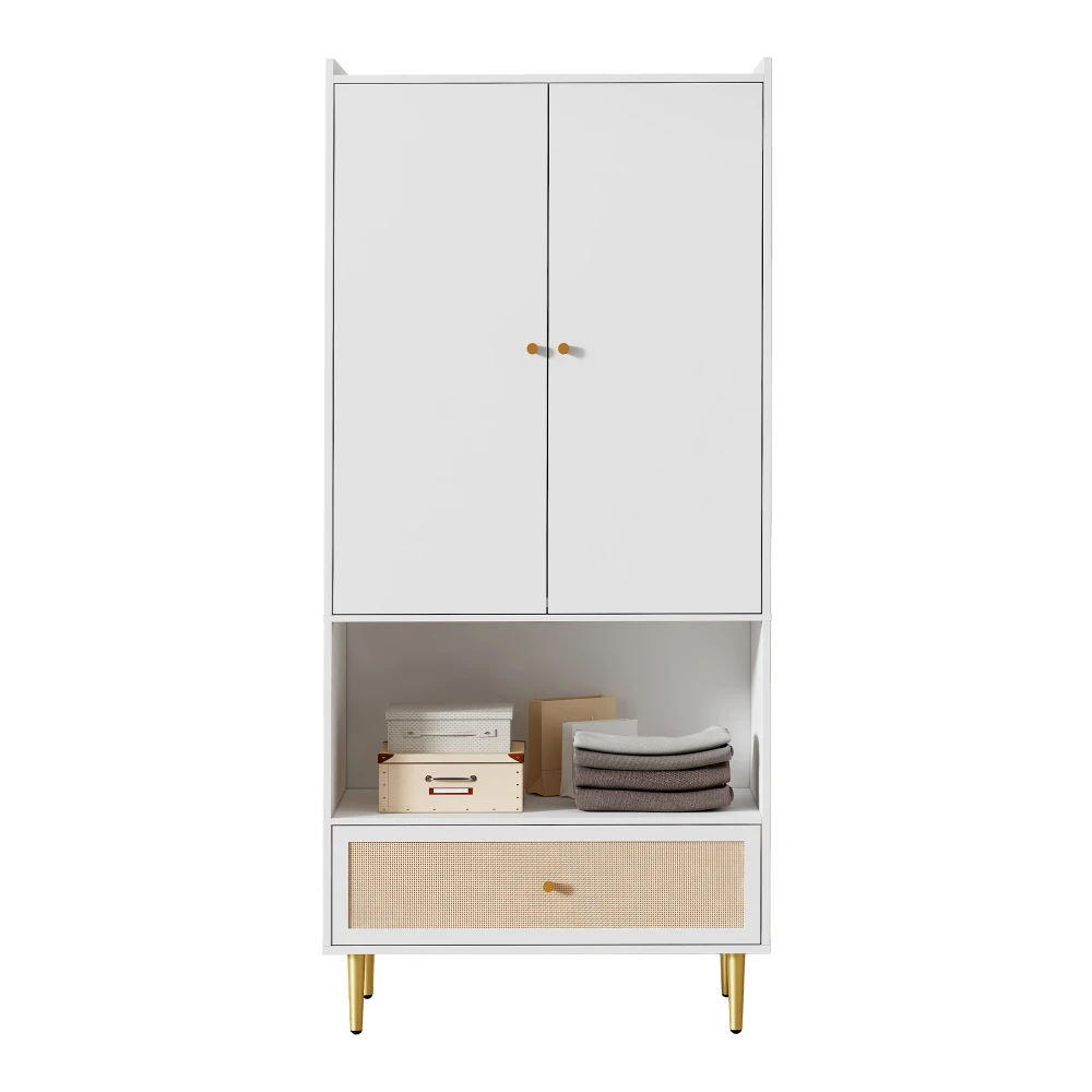 Großer Rattan-Schubladenschrank mit 2 Türen, Schlafzimmerschrank mit Metallbeinen und Griffen, 80x48x175 cm Aufbewahrungsorganizer – Detail 14