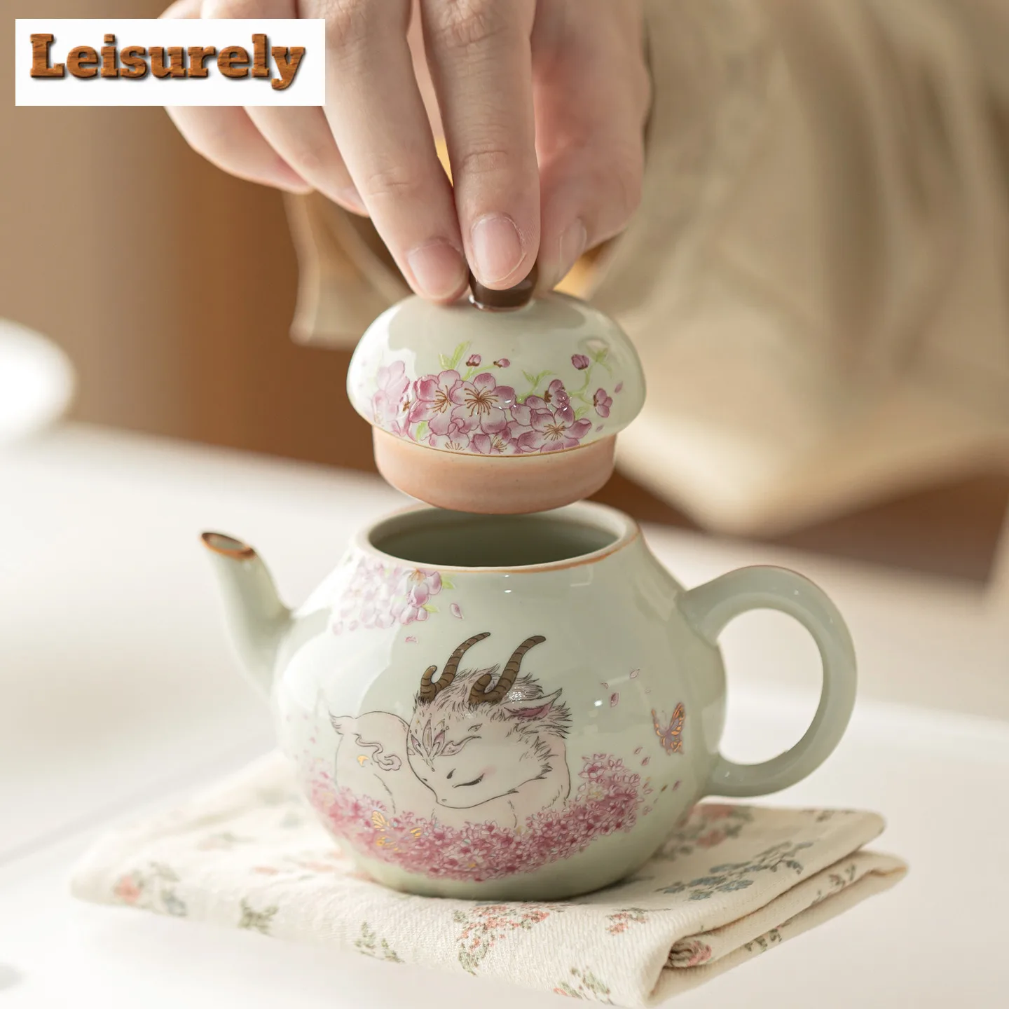 Plant Ash Deer and Flower Teapot Aesthetic Tea Infuser Pot Household Tea Making Kettle with Ball Hole for Tea Accessories Gift