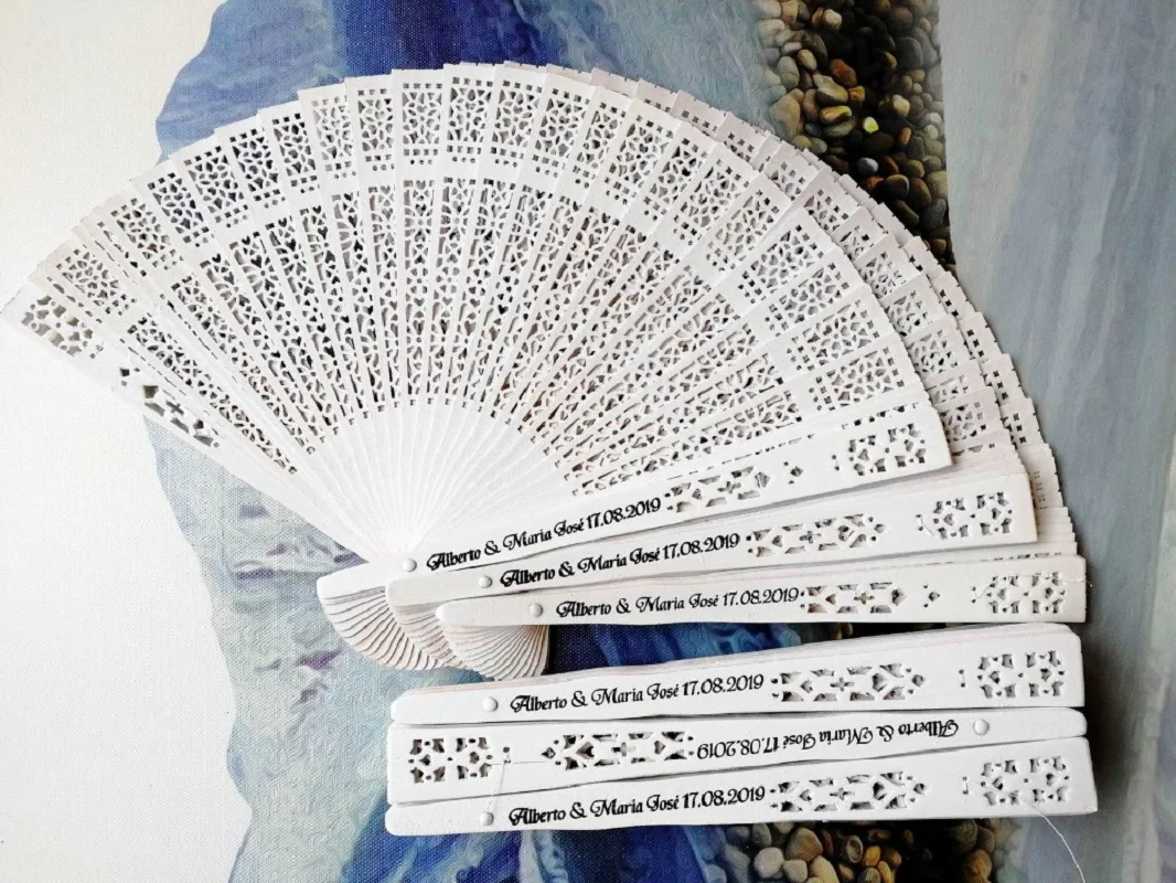 

50pcs Sandalwood White Wedding Fan Favors Personalized Folding Hand Fan With Bride Groom Name & Date