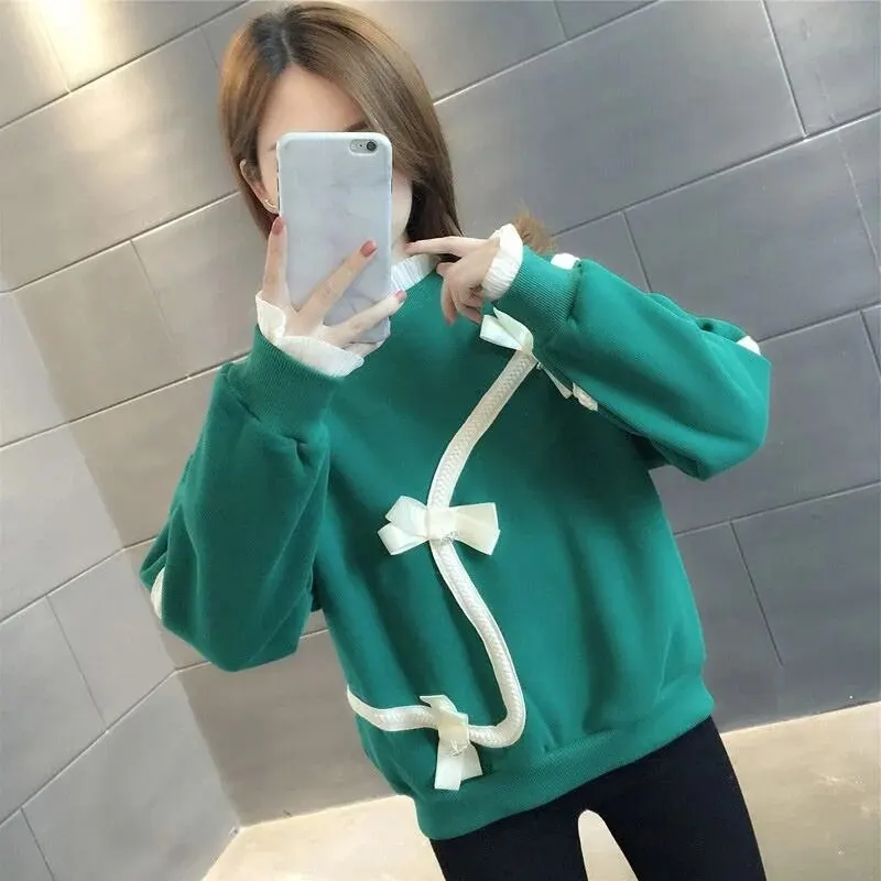 여성용 레트로 작은 향수 스타일 용수철, 맞춤형 스탠드 칼라 나비 매듭, 페이크 투피스 탑 디자인, 가을