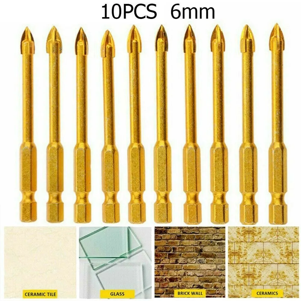 10 PCS 6mm Titanium Drill Bits Set Cross Spear Head Drill Bit Hex Shank Tile Porcelain Marble Ceramic Glass Brick Drilling Tools