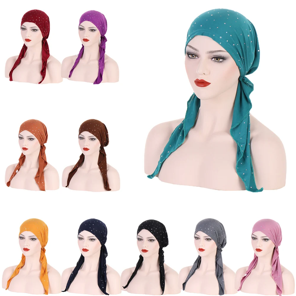 

Women Stylish Pre-Tied Turban Sequins Chemo Cap Muslim Hijab Inner Caps Beanies Bonnet Long Tail Headscarf Hat Headwrap Headwear