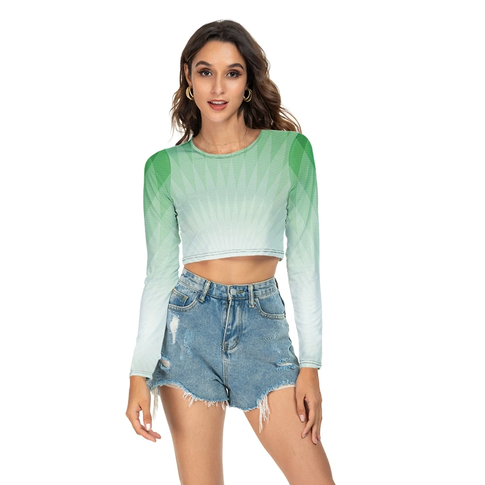 

Women Fashion Rhombus Gradient Printing Long-sleeved O-neck T-Shirt Spring Sexy Cropped Navel Long Sleeve T-Shirt Summer