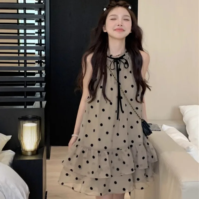 

Temperament Vintage Polka Dot Halterneck Dress Summer New Korean Style Lace Up Loose Women's Short Skirt Sweet Sleeveless Dress