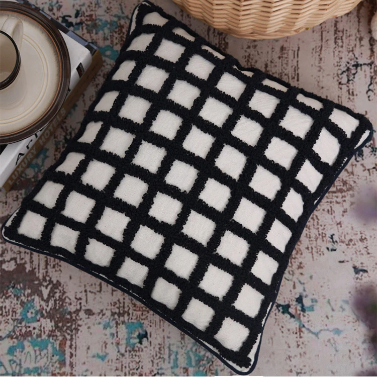 

CITYINCITY Black Chequer Border Cushion Cover Decoration Beige Sofa Pillow Case Handmade for Living Room