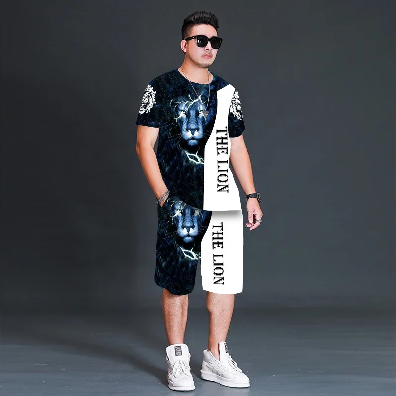 thumbnail image 1 of Conjunto de camiseta y pantalones cortos de playa informales con estampado digital 3D de animales para hombre, 1 of 5