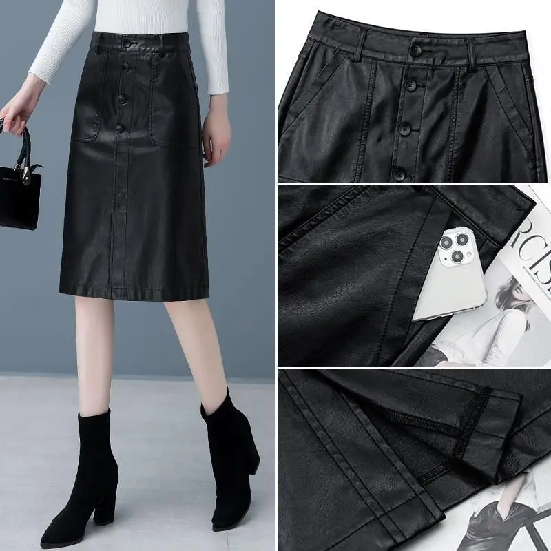 

Button Fly Spring Summer Women Sexy Straight Skirts Solid Color PU Leather Casual Stylish Korean High Waist T832