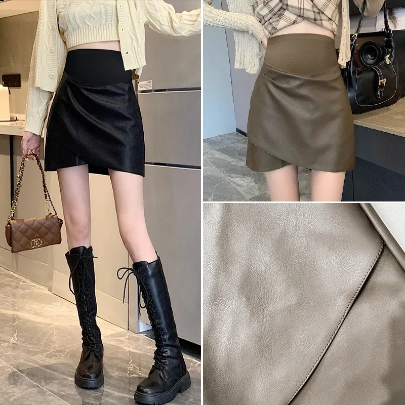 Spring Autumn Pretty Maternity Belly Skirts Irregular Pregnant Woman Pu Leather Skirts Sexy Pregnancy Mini Black Brown