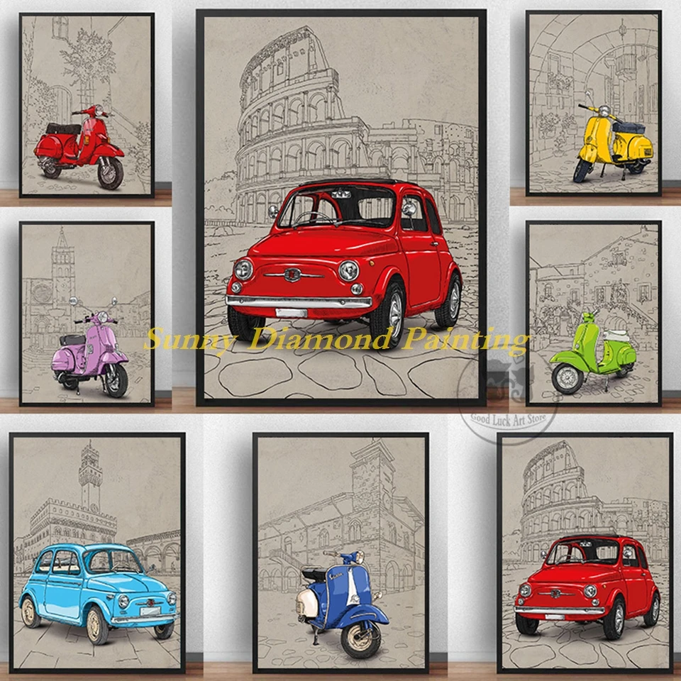 Italian Style Diamond Painting 5D Famous Building Background Fiat 500 Red Yellow Vespa Full Drill Cross Stitch Art Home Decor