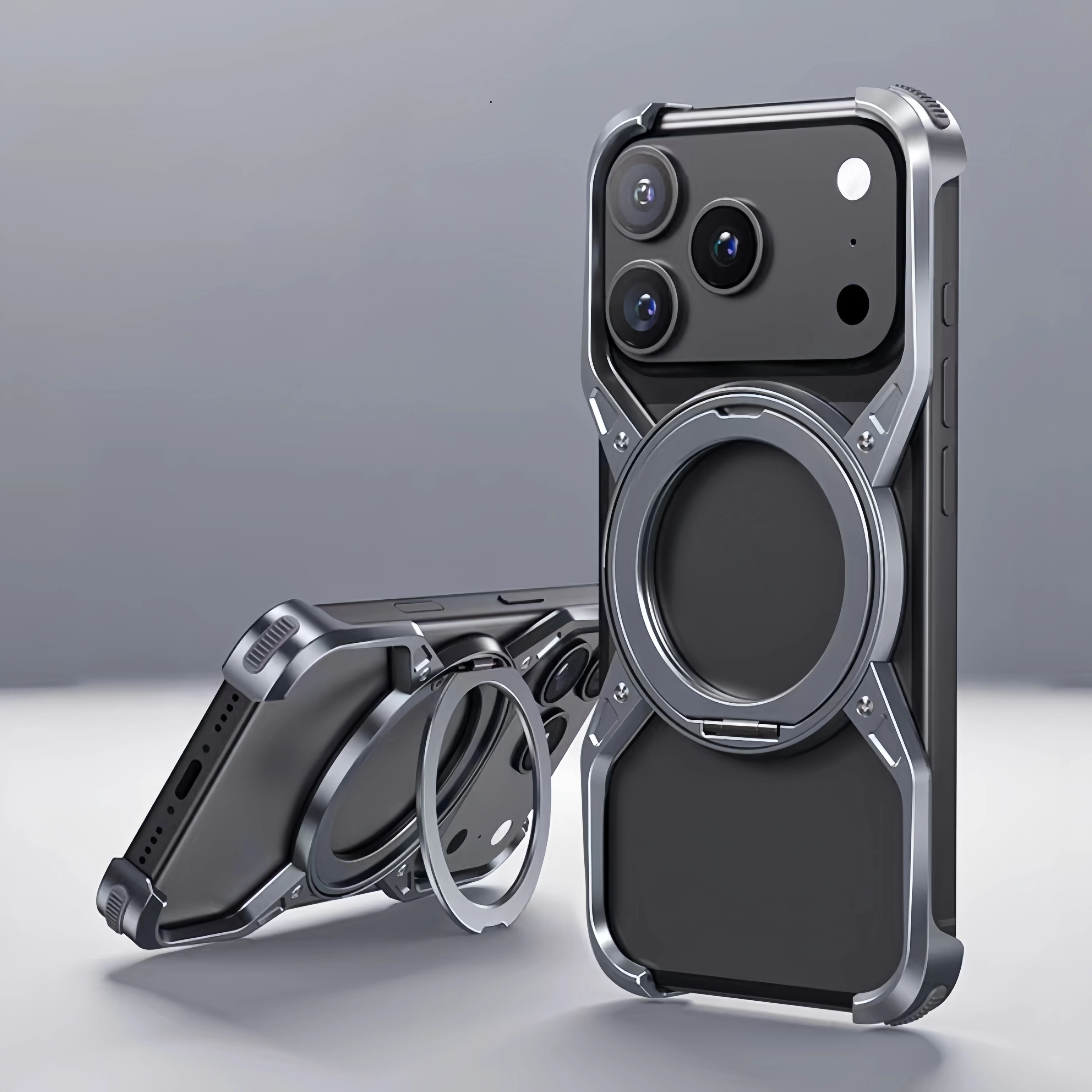 Metal Alloy Punk Frame Phone Case with 360° Rotating Bracket and Magsafe Ring Stand