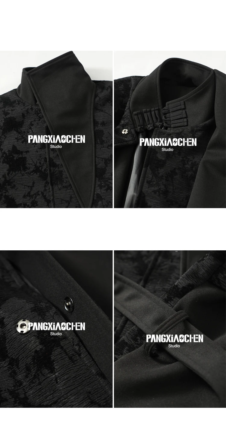 Description Picture 4 of itemOriginal men's autumn and winter retro new Chinese style standing collar patchwork fabric long lace up woolen coat jacket