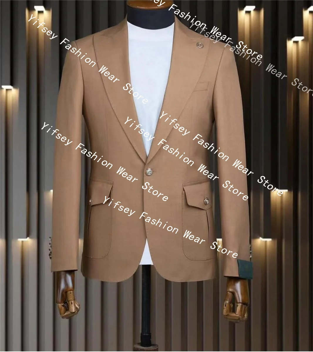 

Peaked Lapel Khaki Flap Large Pocket Man‘S Elegant Set Clothing Designer Suit Boyfriend Slim Male Blazer Wedding Ceremony Dress